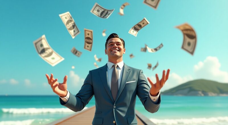 Leonardi Di Caprio as Jordan Belfort in The Wolf of Wall Street, outside at the pier, throwing money in the air smiling as he thinks they are fun coupons